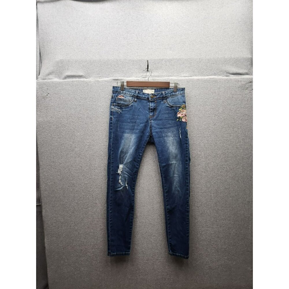 Angel Kiss Womens Distressed Embroidered Skinny Jeans Size 9 Blue Denim With Flo